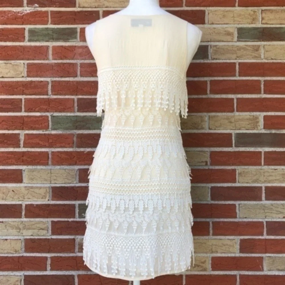 Dress the Population Crochet Chiffon Tiered Fringe Lace Cream Mini Dress 👗